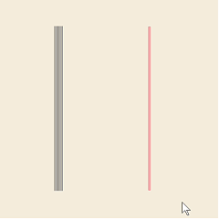 The image displays a thick grey vertical line and a thin pink vertical line against a warm cream background, replacing both ellipse() shapes from Tutorial 2 sketch5.js with line() calls to represent volume and rate as simple linear indicators.