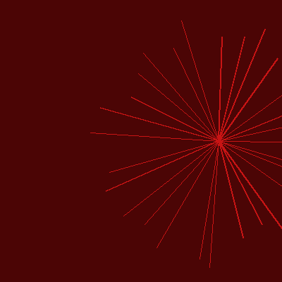 The image displays a burst of red lines radiating outward from a moving point across a wine-red canvas with an intense motion trail, combining a for-loop of line() calls with a very low-opacity background() from Tutorial 2 sketch6.js and mapping the number and length of lines to mouseY and mouseX to push the residual blur technique to its visual limit.