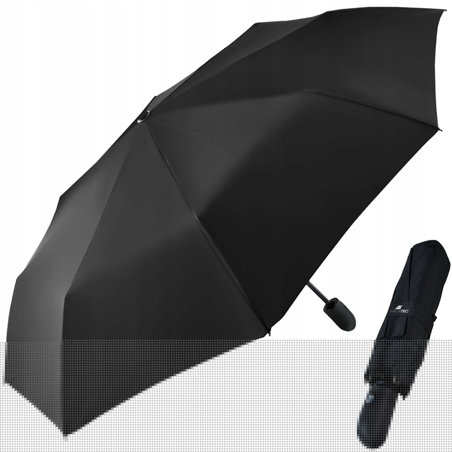 A short-handled black umbrella.