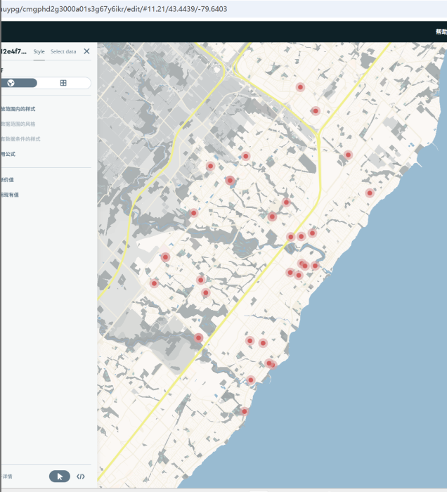 The image shows Mapbox with altered data point colors and map colors to facilitate binary data reading.