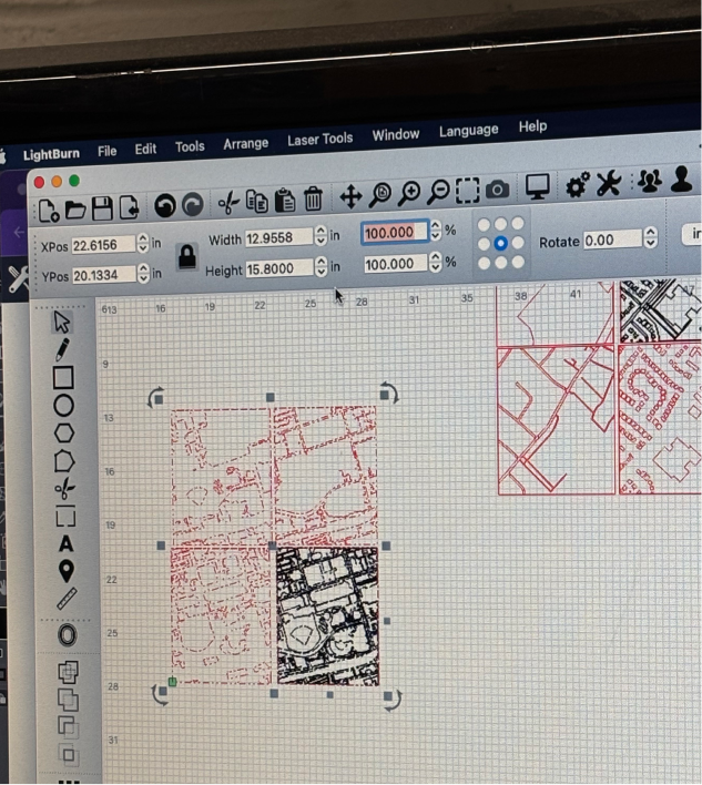 The image shows the interface for processing map vector graphics within AI software, featuring red map line designs.