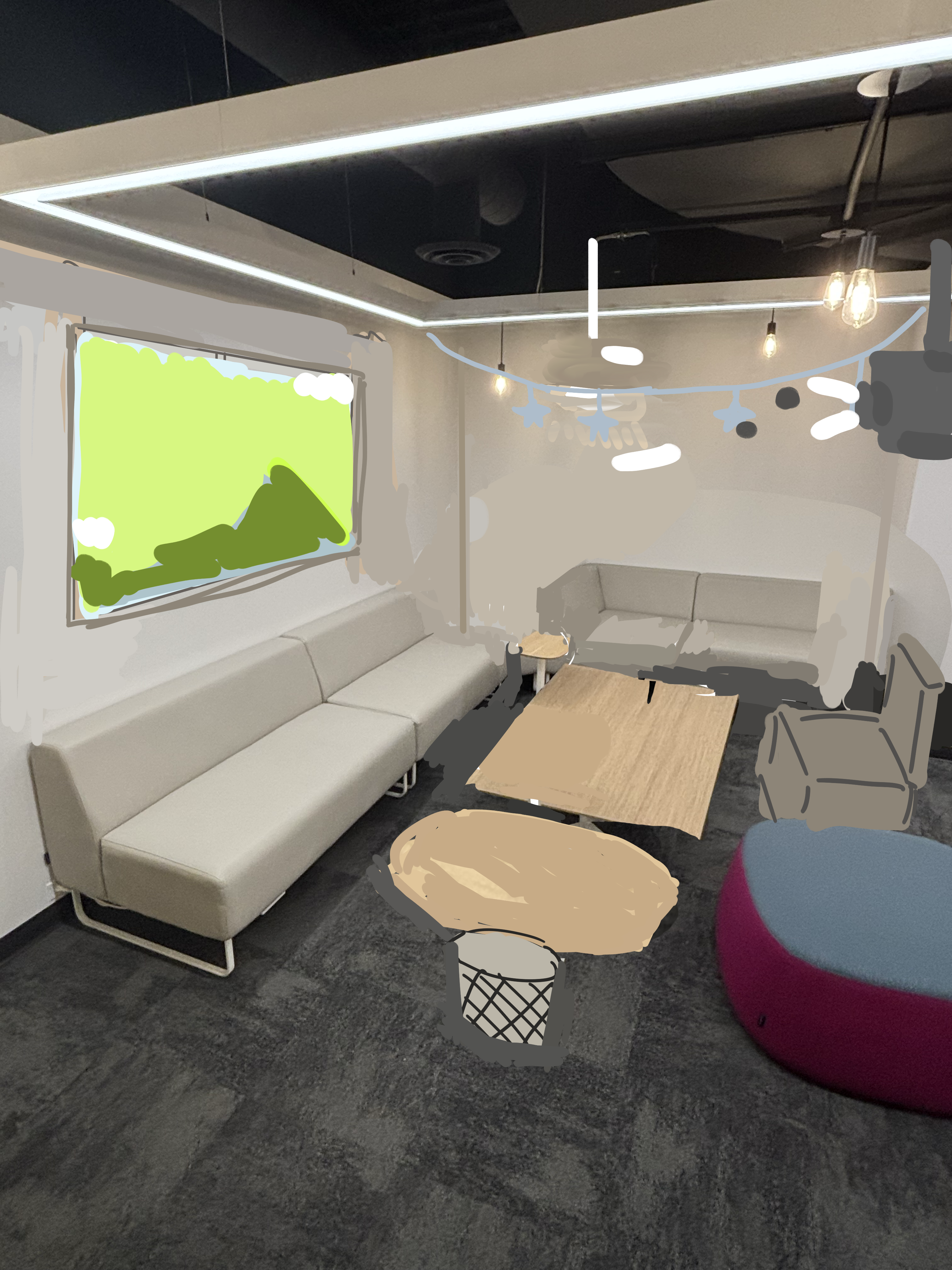 Warm and atmospheric, this area supports study group discussions via projector. Star-shaped string lights add whimsy, while additional seating expands leisure options, creating a cozy setting for relaxation, entertainment, and social interaction.