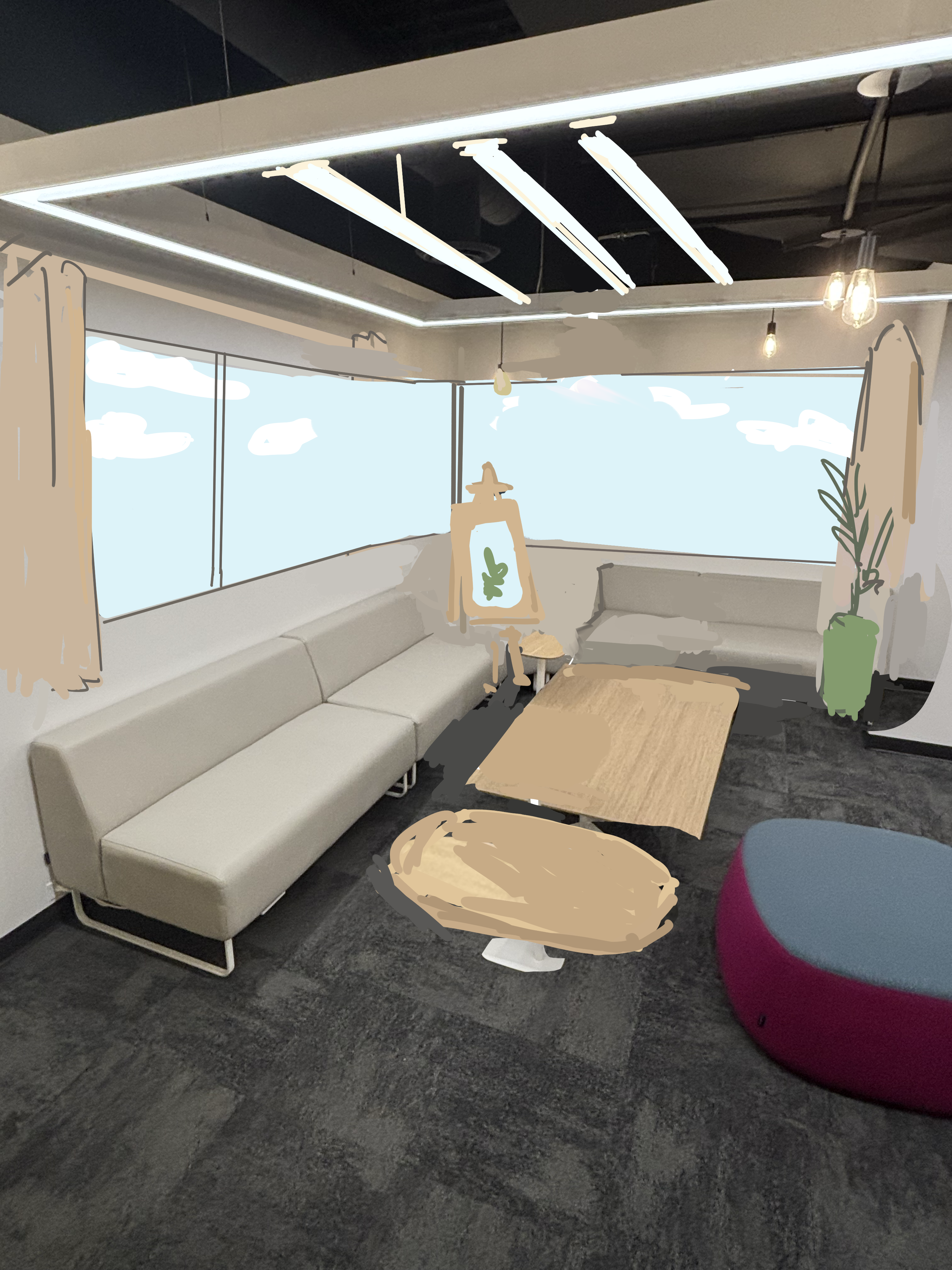 The space embraces a fresh, artistic aesthetic. Large windows with light-colored curtains flood the room with natural light, while easels and greenery add artistic flair. Comfortable sofas and wooden furniture create a cozy environment perfect for leisurely creation and artistic exchange.
 <a href='https://www.youtube.com/embed/tgbNymZ7vqY' target='_blank'><p>Project Video Link</p></a>