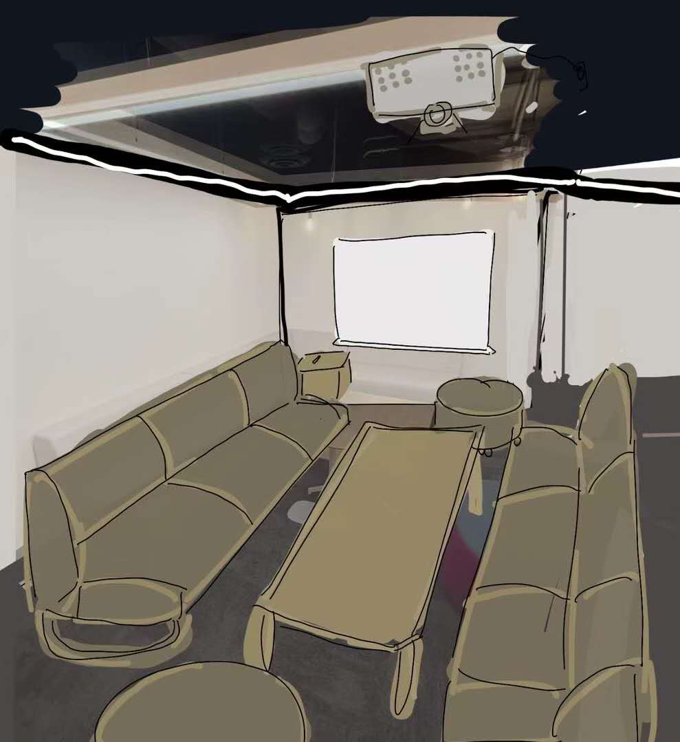 Designed for audiovisual relaxation, this space features a projector and screen. Sofas surround the viewing area in a simple, functional layout ideal for movie nights or small gatherings, delivering an immersive audiovisual experience. <div class='container'><iframe class='responsive-iframe' src='https://www.youtube.com/embed/tgbNymZ7vqY'></iframe></div>