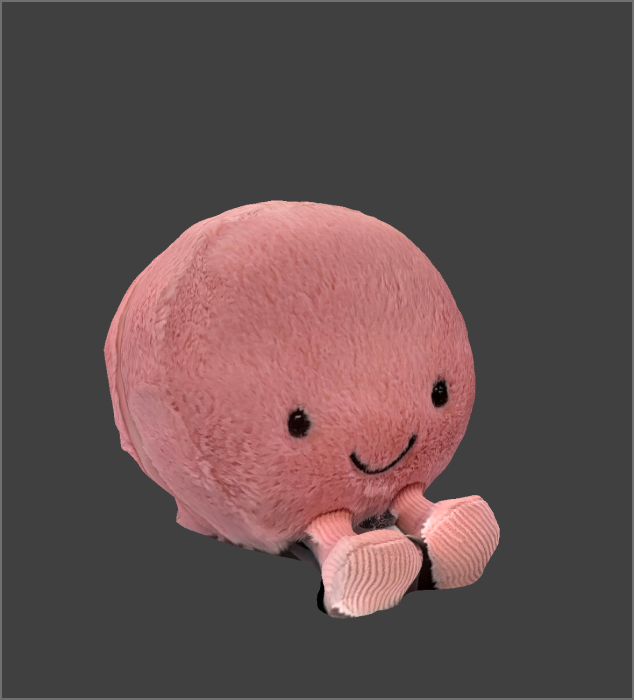 The image shows the 3D model of the Jellycat plush toy after scanning, with its facial expressions and limb forms preliminarily rendered using a low-poly mesh.