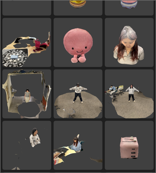 The image shows a collection of initial multi-object 3D models scanned using Scaniverse, including a turntable, plush toys, and figurines.