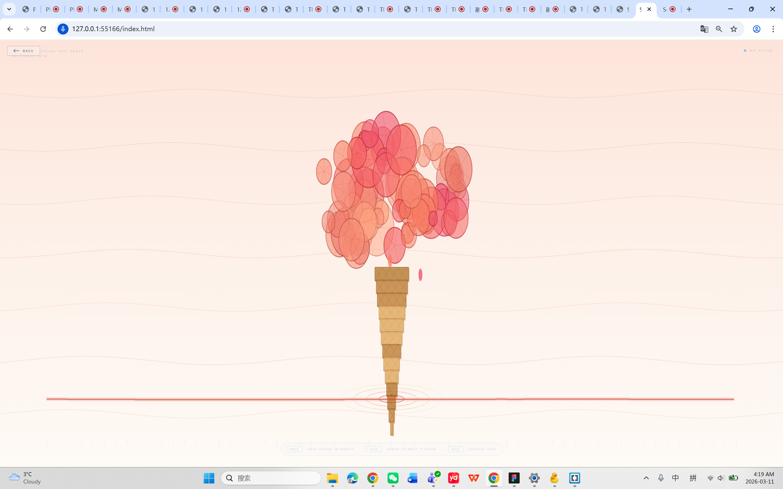 Melt mode — heat waves ripple across the warm cream background as the scoop droops downward under sustained sound input.