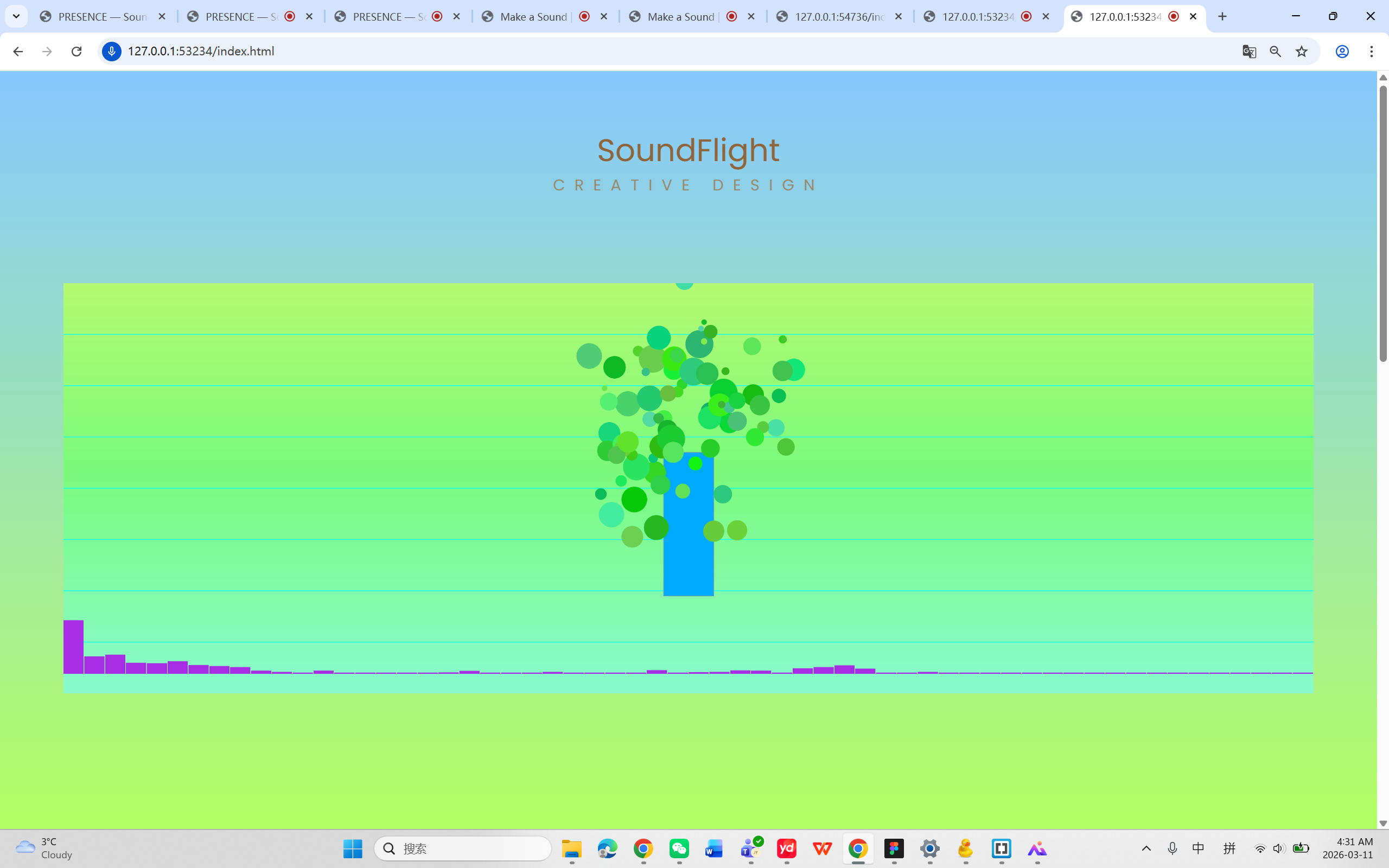 Week 5 prototype — SoundFlight template with FFT frequency bars visible at the bottom; foundational exploration of volume-to-scale mapping.